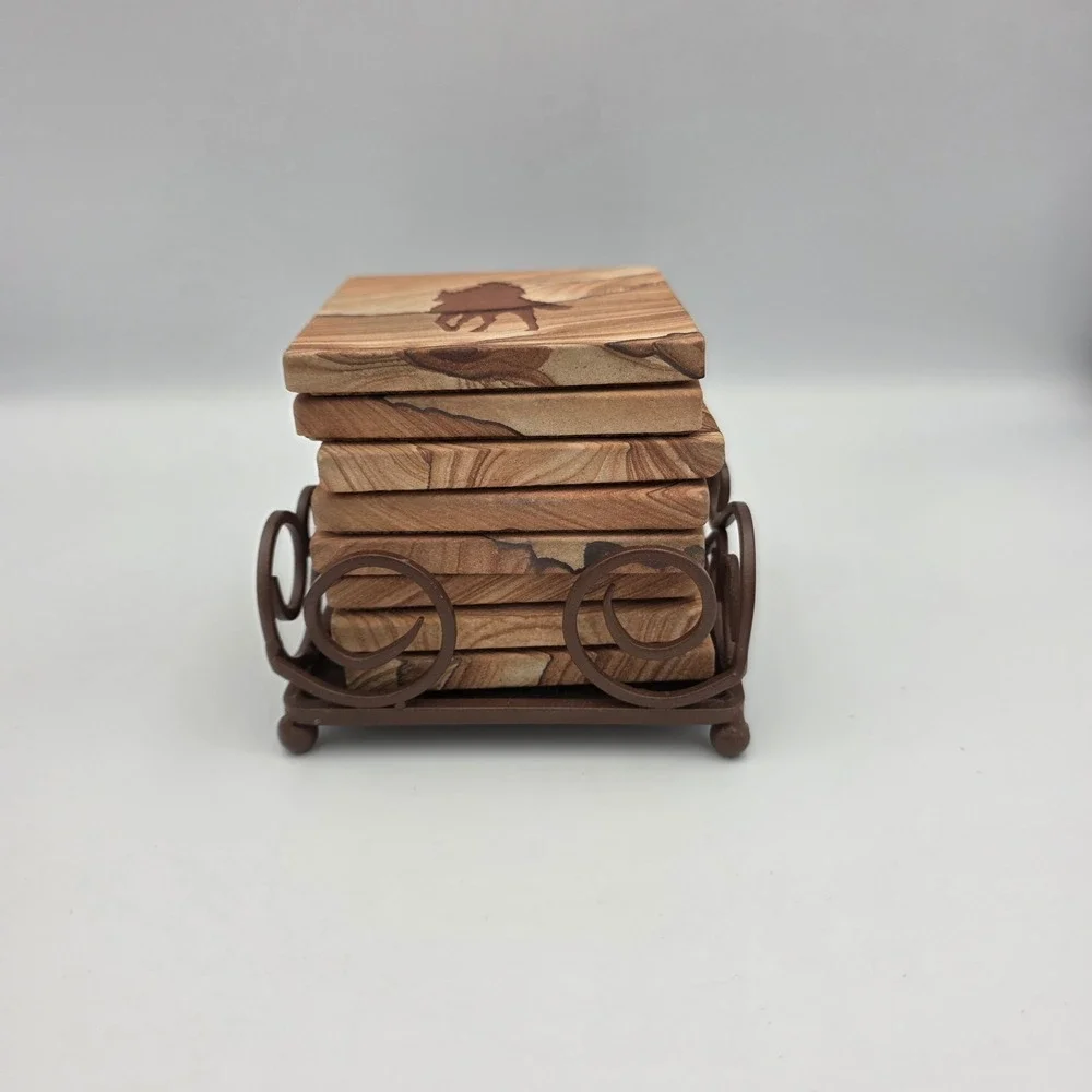 King Ranch Engraved Sanded Tile Coaster Set with Holder Western Horses Texas 9pc